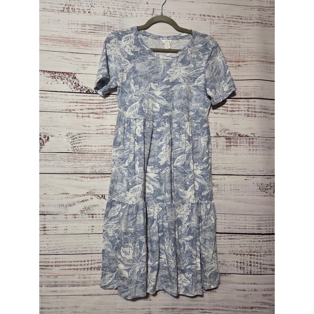 Intro Love Blue Floral Tiered Midi Dress Petite Small 100% Cotton Short Sleeve